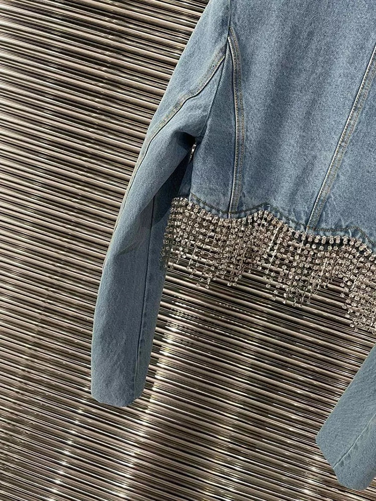Women's Hem Fringe Diamond Chain Decoration Denim Jacket