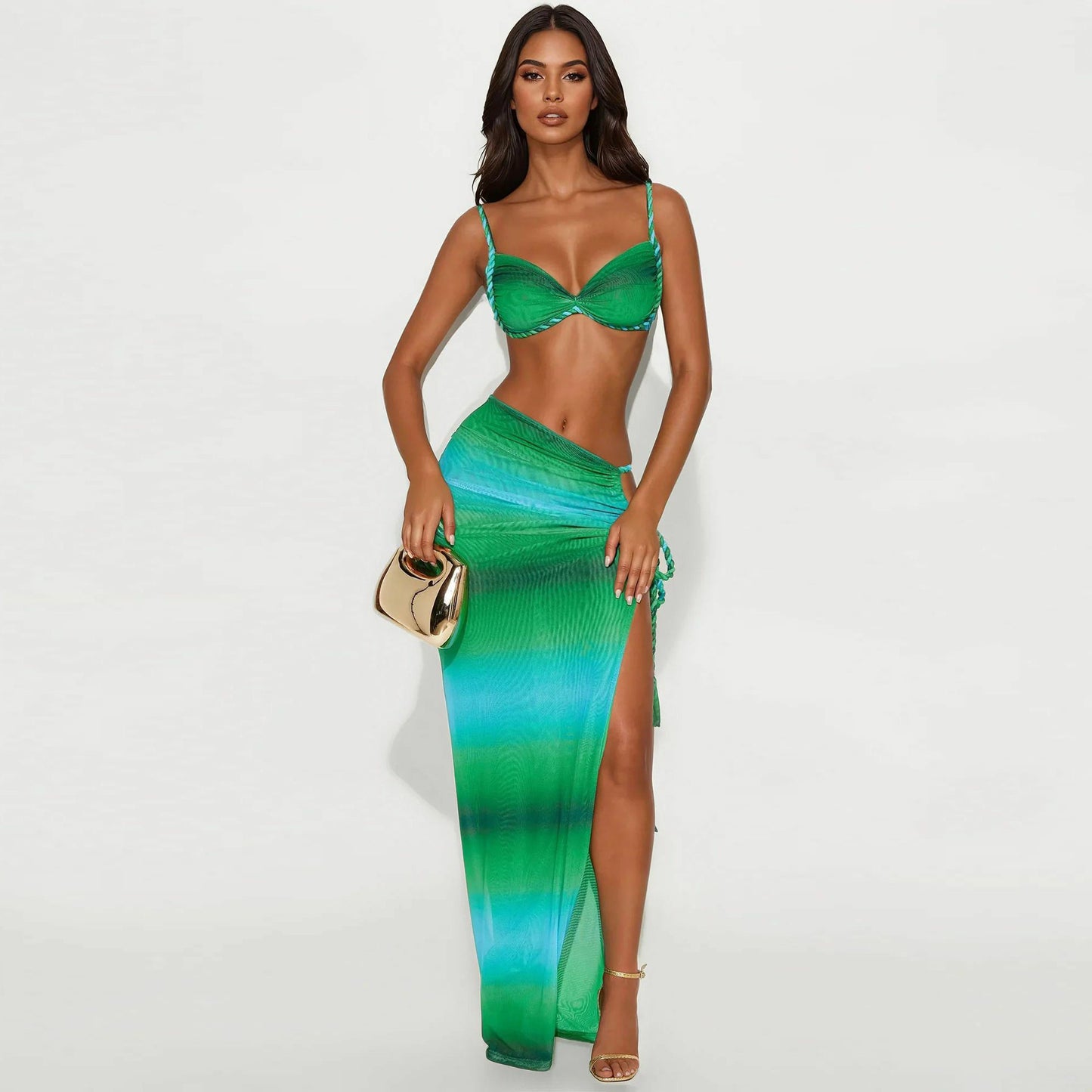 Sexy Fashion Beach Swimsuit Woven Halter Top Top Split Skirt Suit