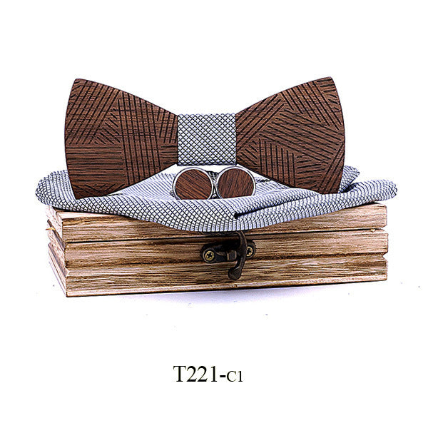 Black Walnut Line Carved Wooden Bow Tie