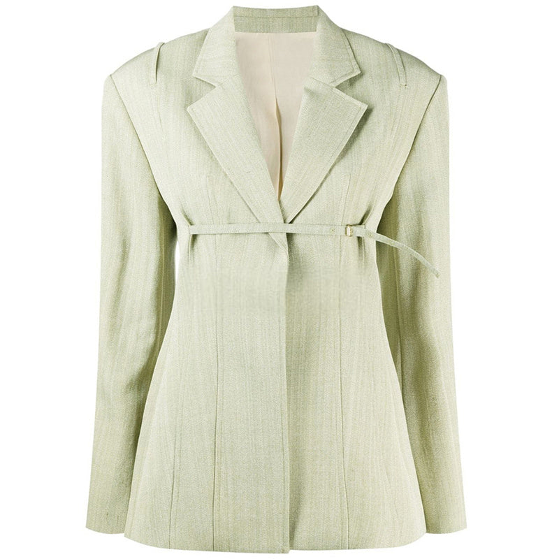 Women's Grass Green Slim Belt Open Blazer
