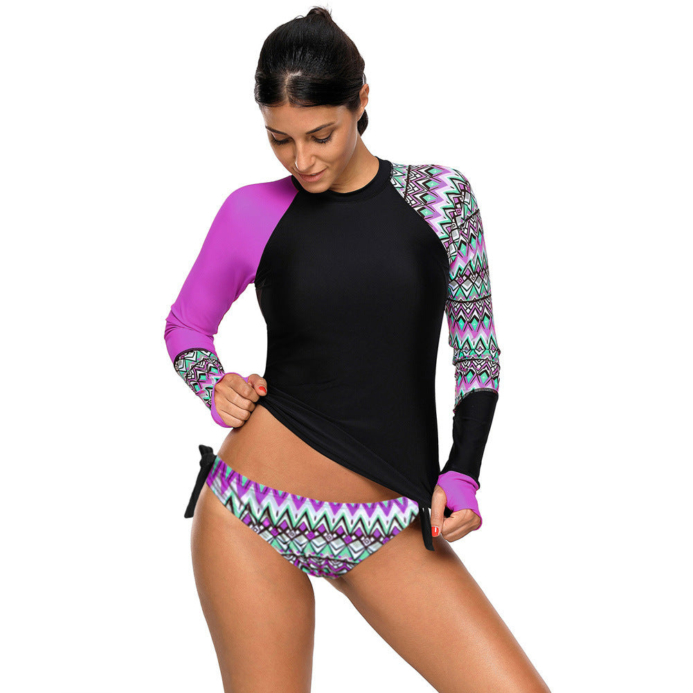 High Neck Long Sleeve Printed Swimsuit