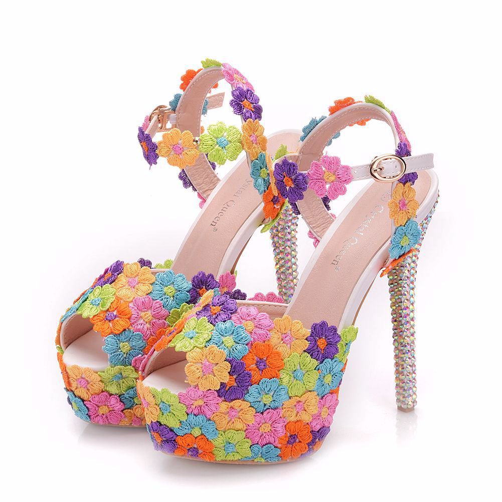 14cm Foreign Trade Fish Mouth High-Heeled Sandals, Fine-Heeled Colorful Lace Wedding Shoes, Bridal Shoes, Colorful Diamond Crystal Sandals