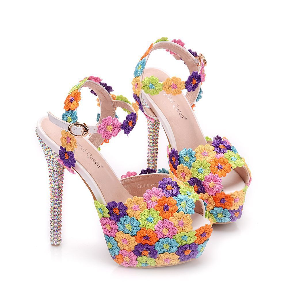 14cm Foreign Trade Fish Mouth High-Heeled Sandals, Fine-Heeled Colorful Lace Wedding Shoes, Bridal Shoes, Colorful Diamond Crystal Sandals