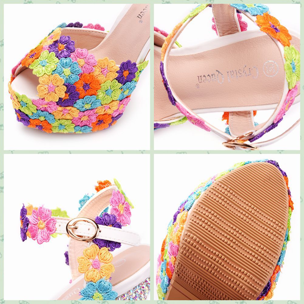 14cm Foreign Trade Fish Mouth High-Heeled Sandals, Fine-Heeled Colorful Lace Wedding Shoes, Bridal Shoes, Colorful Diamond Crystal Sandals