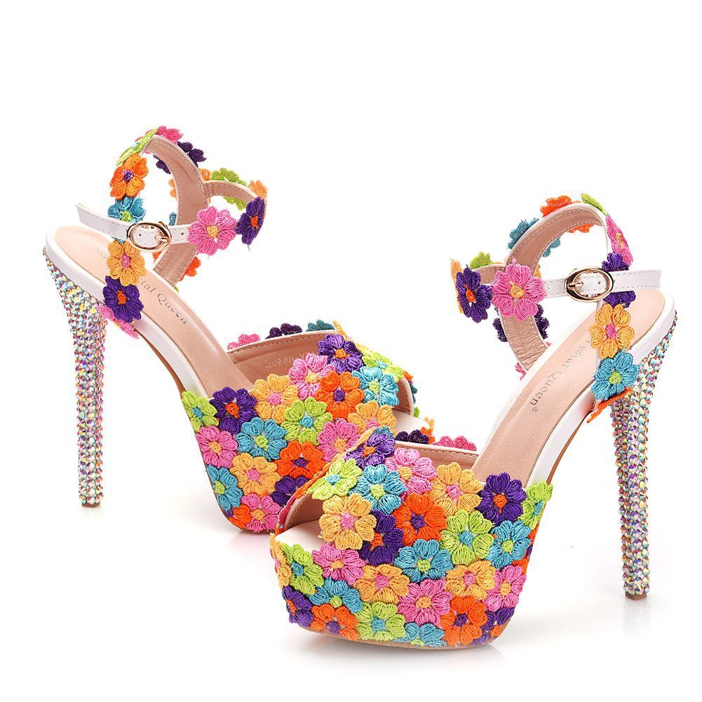 14cm Foreign Trade Fish Mouth High-Heeled Sandals, Fine-Heeled Colorful Lace Wedding Shoes, Bridal Shoes, Colorful Diamond Crystal Sandals