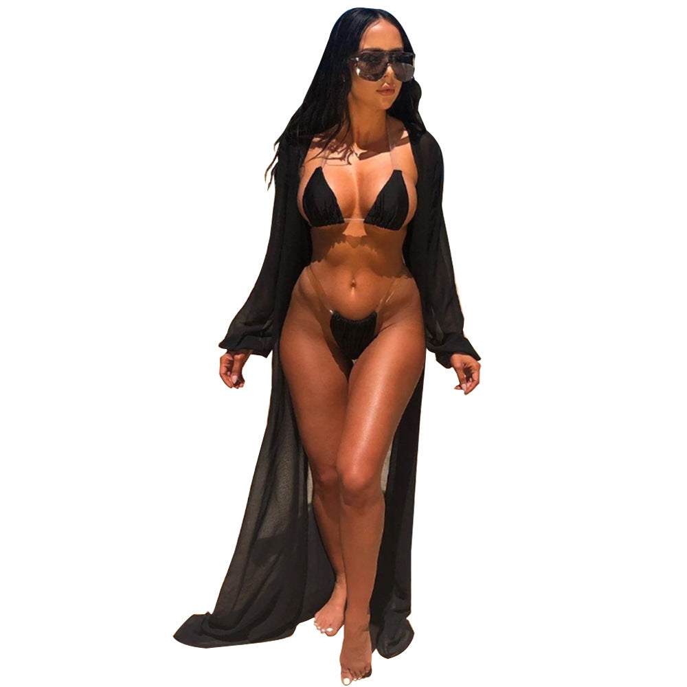 Solid Color Three-Piece Sun Protection Blouse Swimsuit Set
