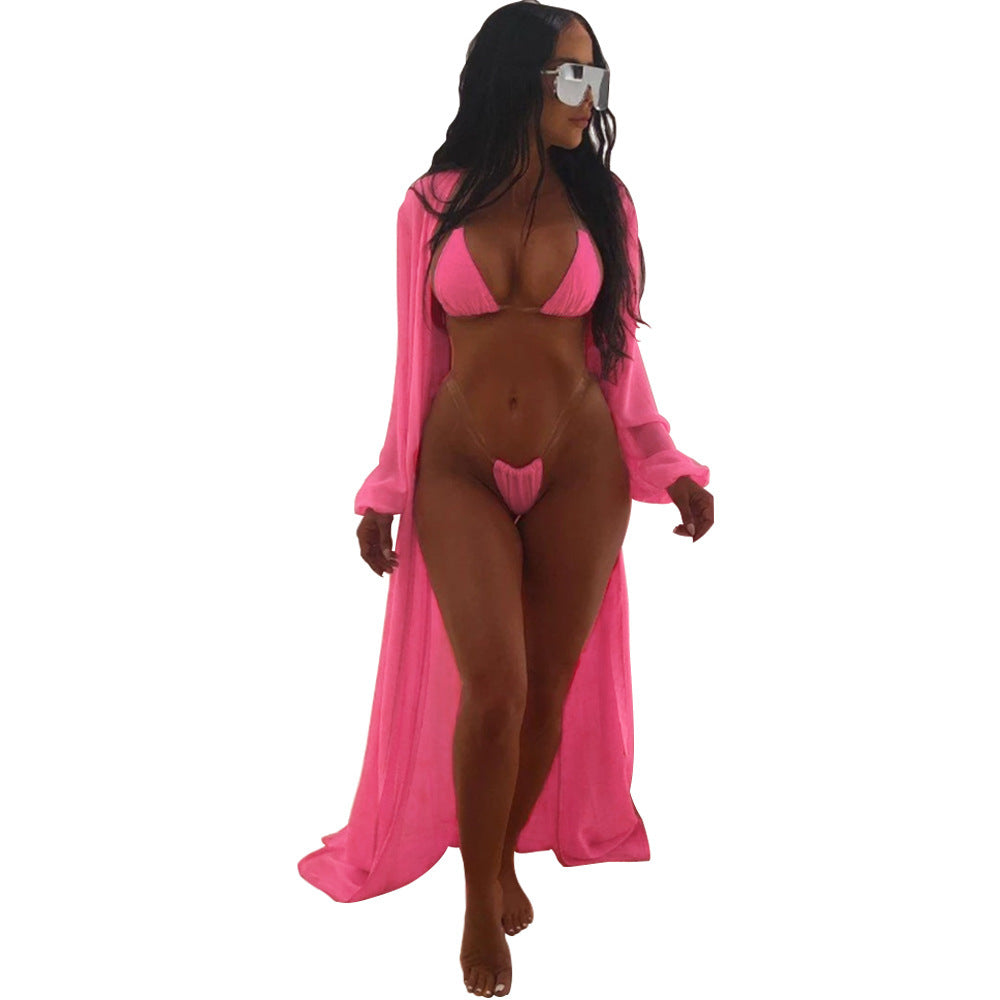 Solid Color Three-Piece Sun Protection Blouse Swimsuit Set