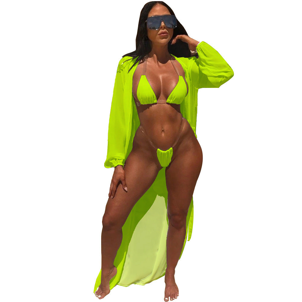 Solid Color Three-Piece Sun Protection Blouse Swimsuit Set
