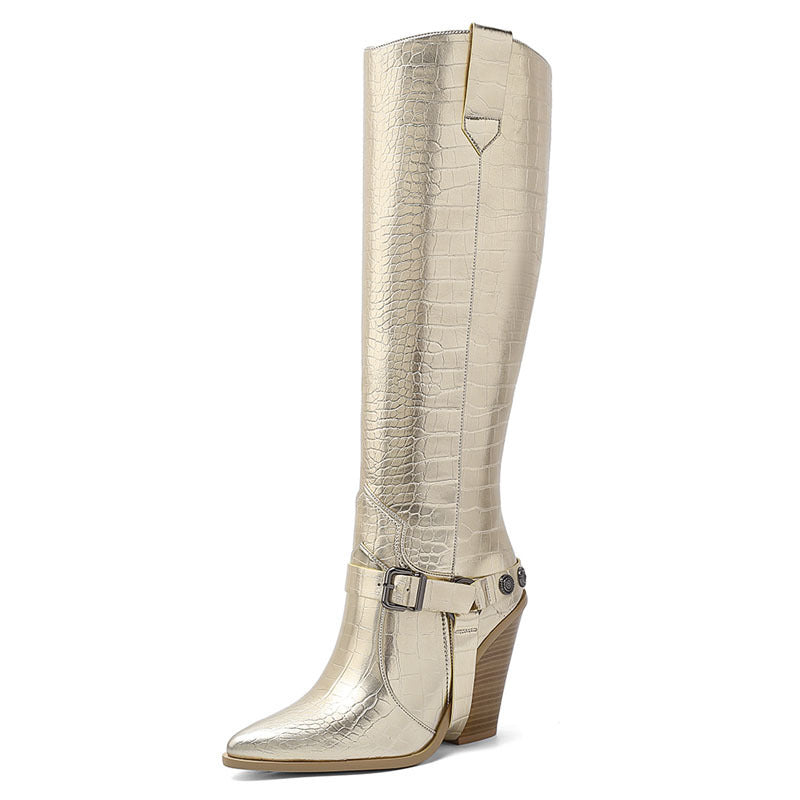Super High Heel But Knee High Tube Belt Buckle Rivet Sexy Plus Size Trendy Boots