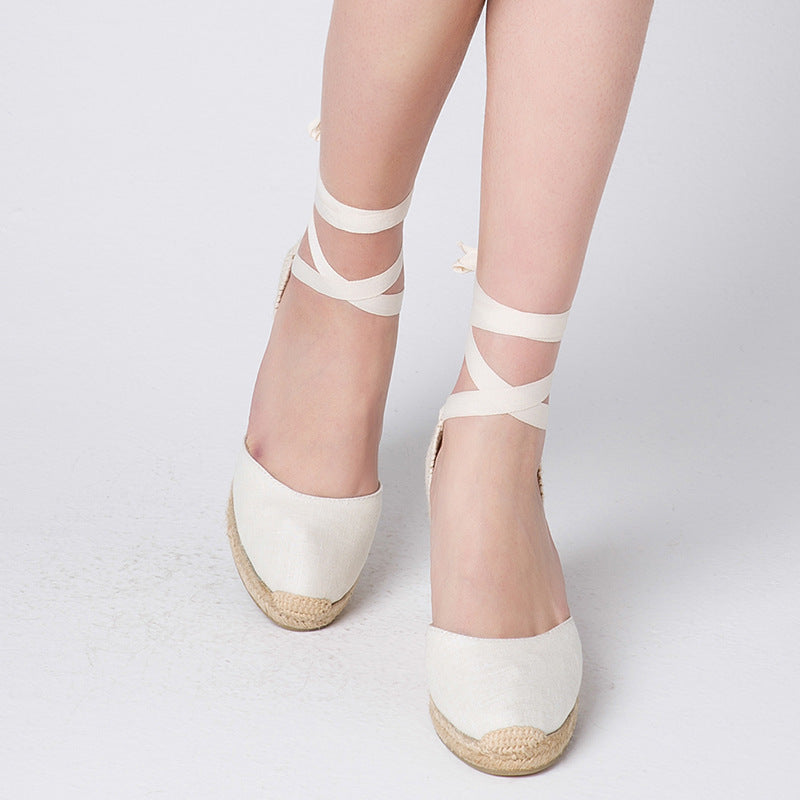 Hemp Rope Straw Sandals Sponge Cake Thick-soled Wedges With Baotou Linen