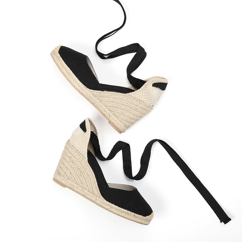 Hemp Rope Straw Sandals Sponge Cake Thick-soled Wedges With Baotou Linen