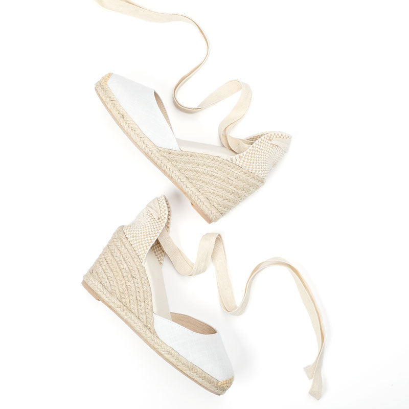 Hemp Rope Straw Sandals Sponge Cake Thick-soled Wedges With Baotou Linen