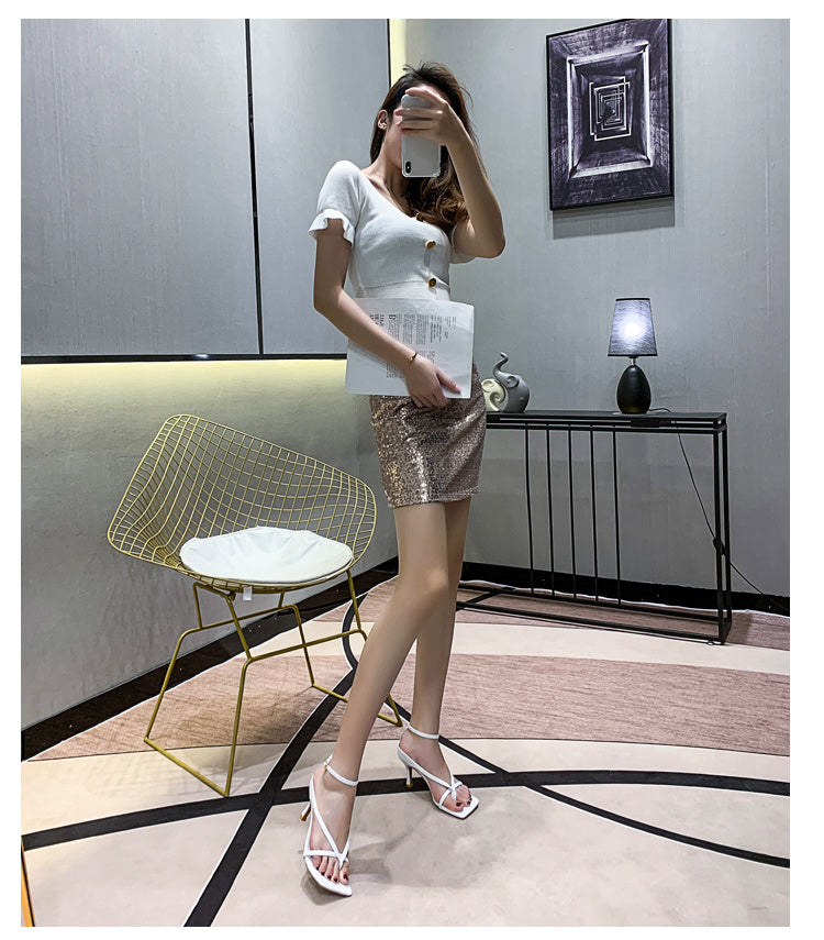 Square Toe High Heels Women's Flip-toe Leather High Heel Sandals