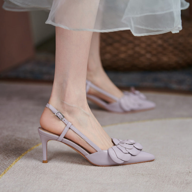 One-line Buckle Leather Elegant Flower Pointed Sandals
