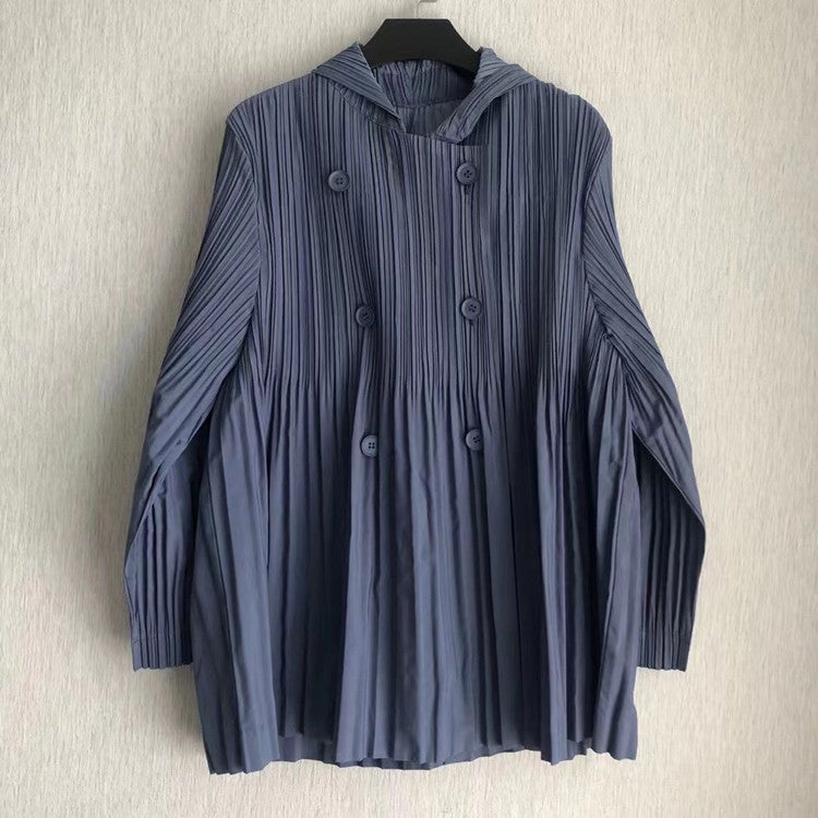 Crinkled Hooded Trench Coat Crop Double Breasted