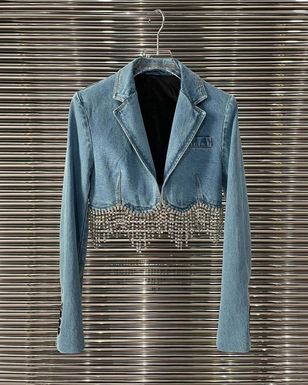 Women's Hem Fringe Diamond Chain Decoration Denim Jacket