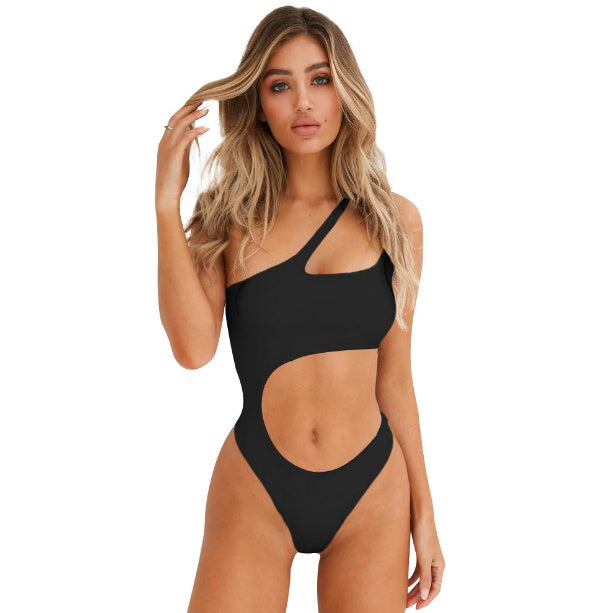 New hollow irregular waist single shoulder solid color wrapped chest bikini one-piece swimsuit female