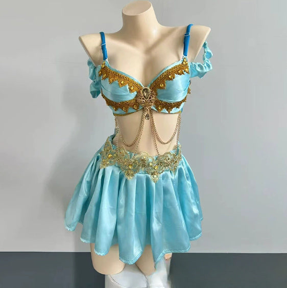 Smokey Blue Shining Chain Vacation Style Bikini Suit