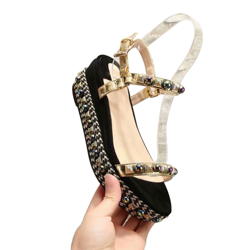 Women's Sandals With Wedge Heel And Pearl Sponge Cake