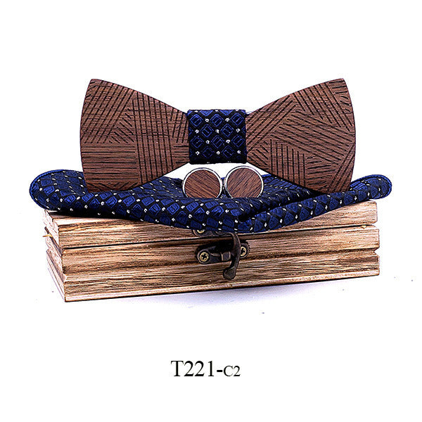 Black Walnut Line Carved Wooden Bow Tie