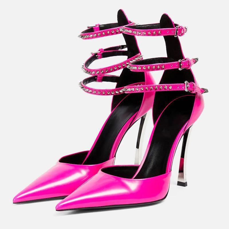 Pointed Patent Leather Hollow Belt Buckle Wrapped Toe Single Shoes