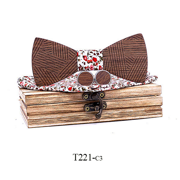 Black Walnut Line Carved Wooden Bow Tie