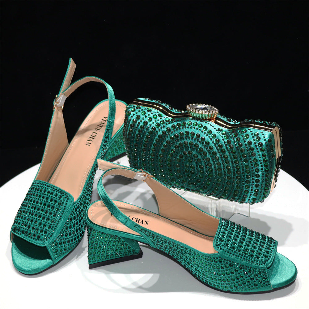Peep Toe Rear Empty Slippers Monochrome Pressure Diamond Women's Shoes