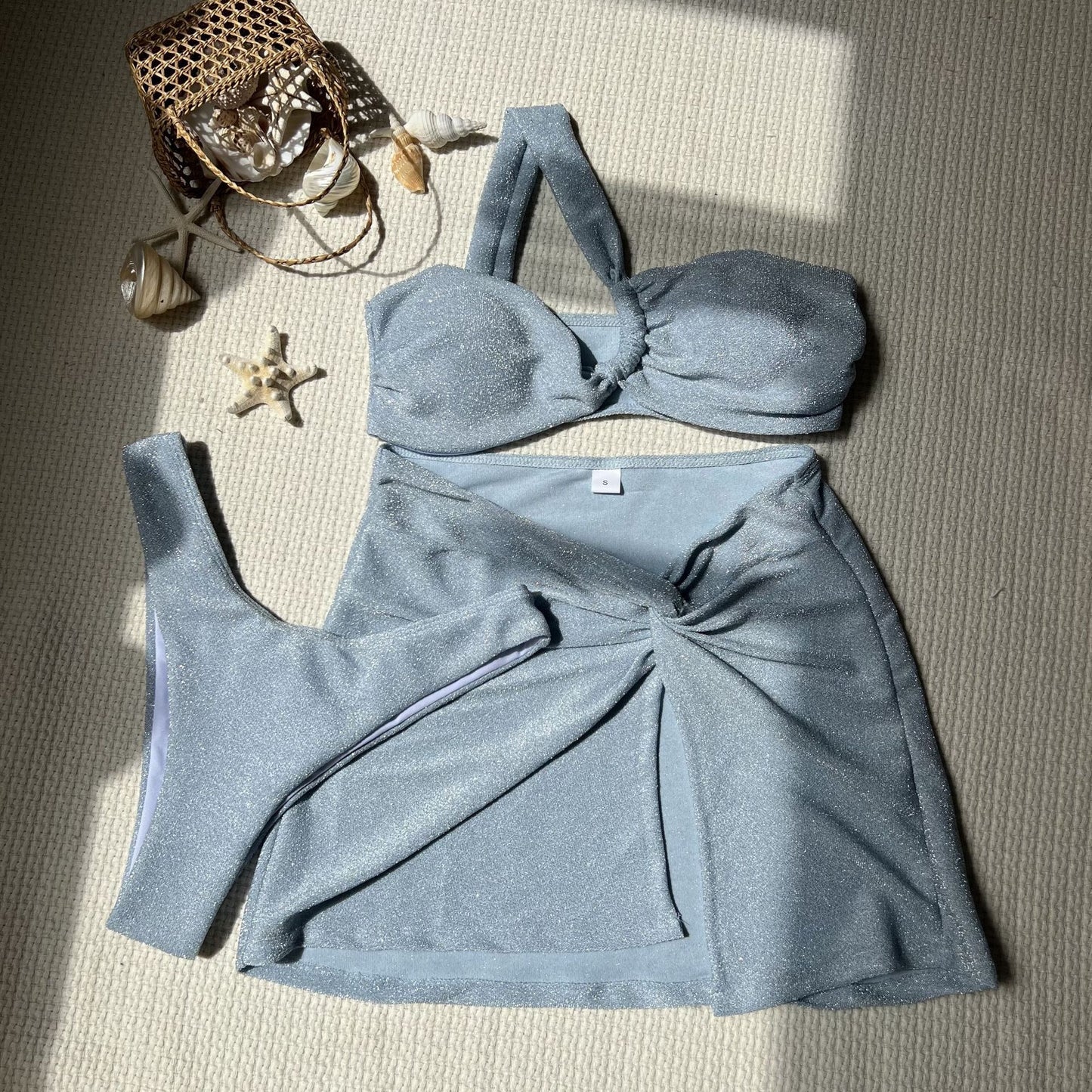 One-shoulder Tube Top Glossy Cloth Three Piece Swimsuit