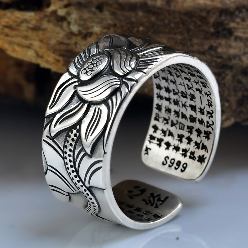 Thai Silver Black Men'S And Women'S Lotus Heart Sutra Ring
