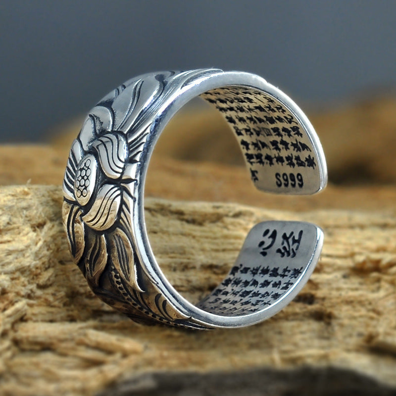 Thai Silver Black Men'S And Women'S Lotus Heart Sutra Ring