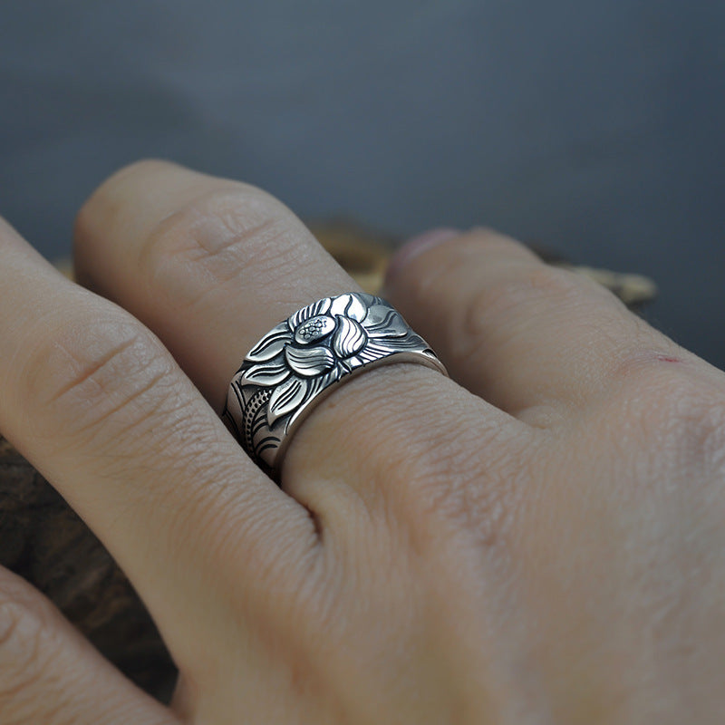 Thai Silver Black Men'S And Women'S Lotus Heart Sutra Ring