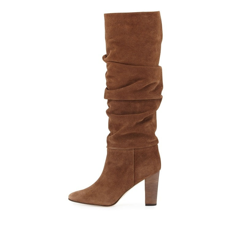 European And American Round Toe Pleated Thick Heel Mid-tube Fashion Boots
