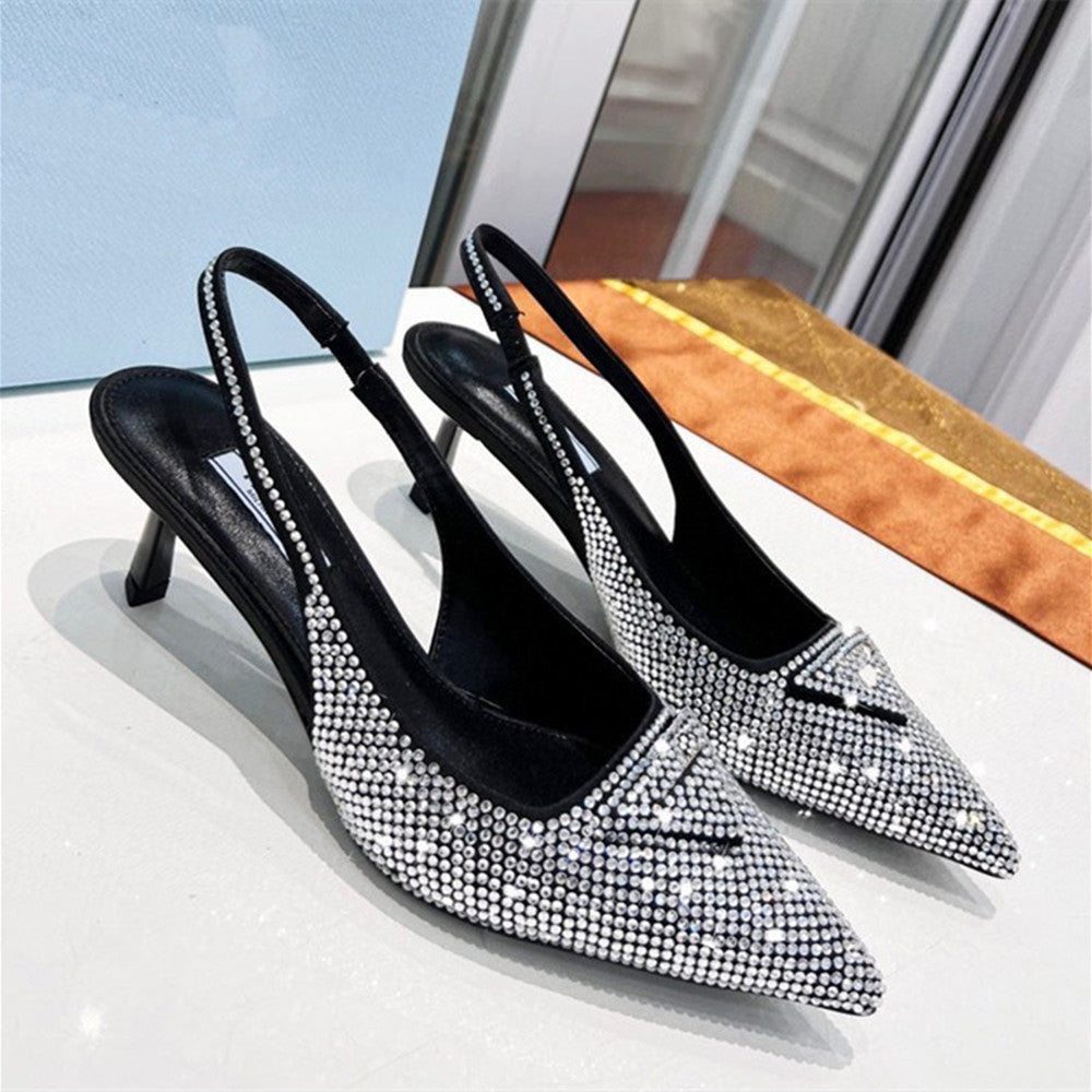 Women's Triangle Pointed Rhinestone Cat Heel Sandals