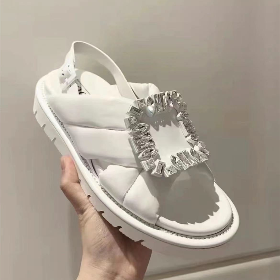 Women's Fashion Casual Rhinestone Square Buckle Flat Sandals