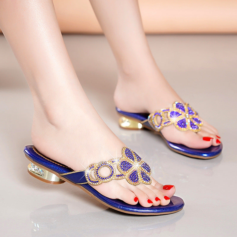Flat Heel Rhinestone Toe Flip Flops