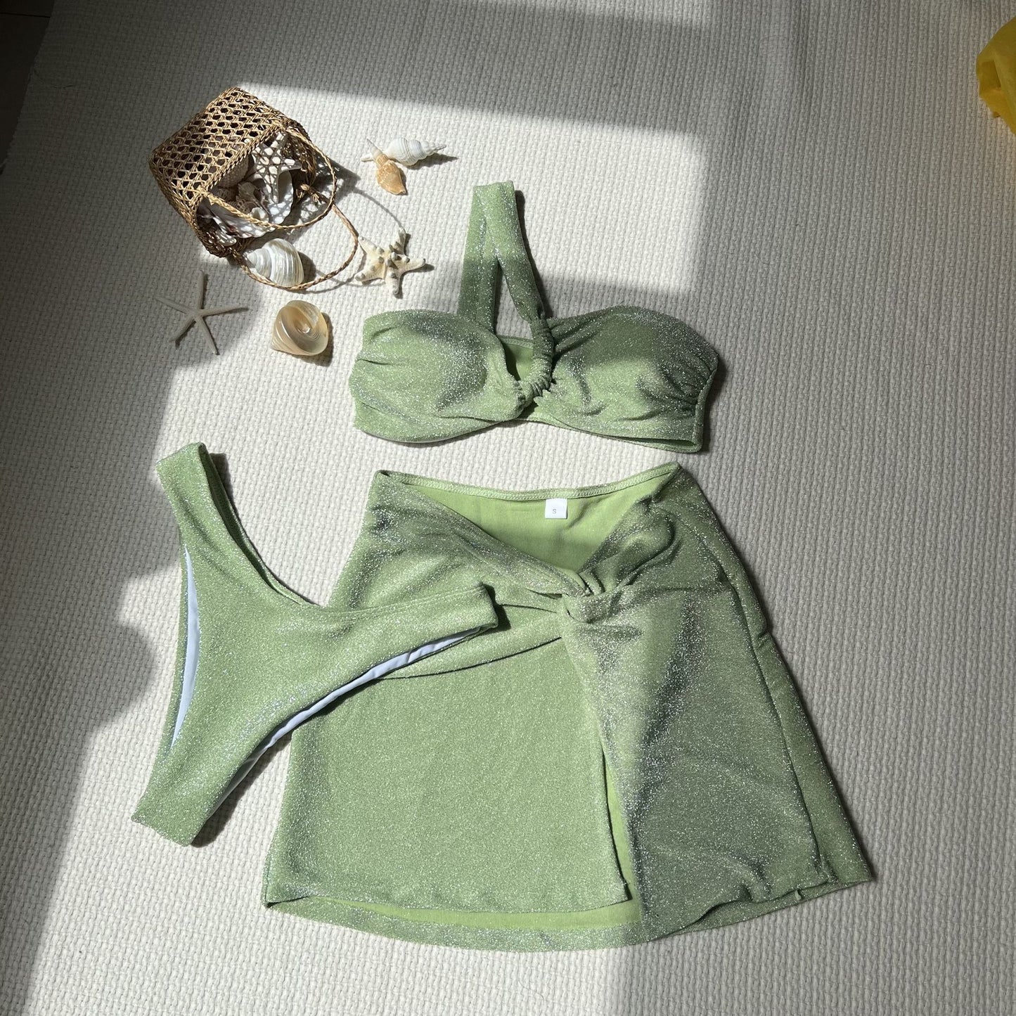 One-shoulder Tube Top Glossy Cloth Three Piece Swimsuit