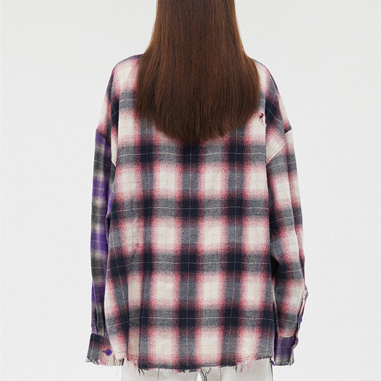 Women's Loose Two Tone Panel Plaid Ripped Shirt