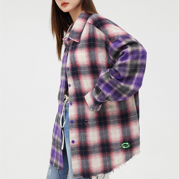 Women's Loose Two Tone Panel Plaid Ripped Shirt