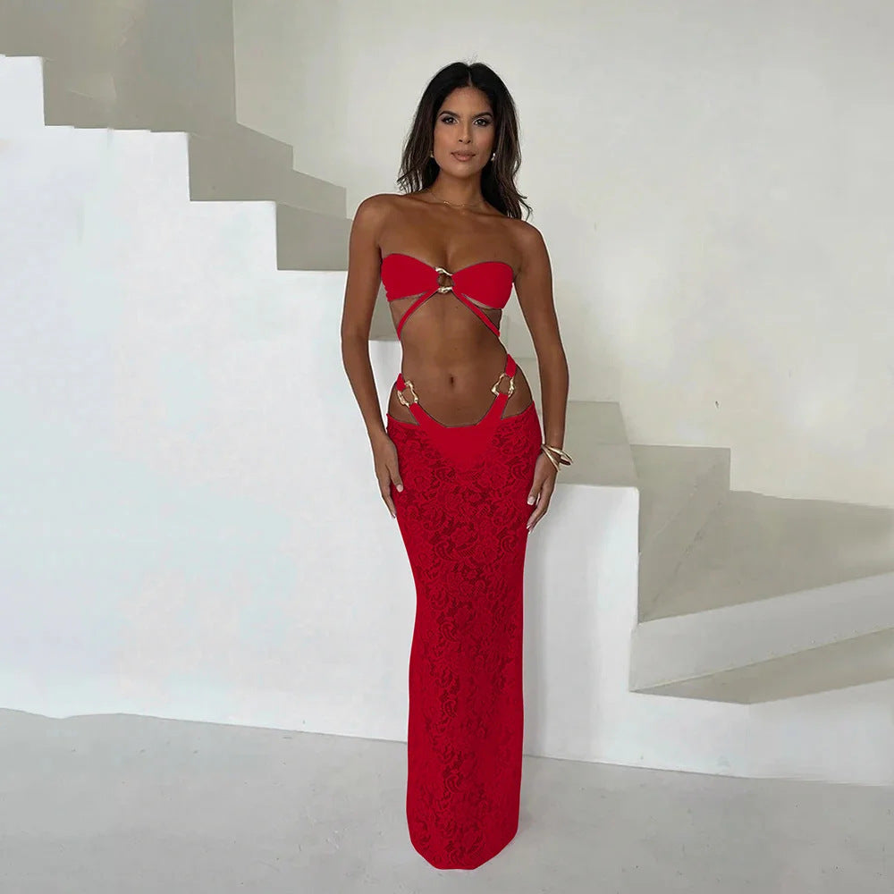 Bikini Tube Top Women's Swimsuit Long Skirt 3 Pieces Suit