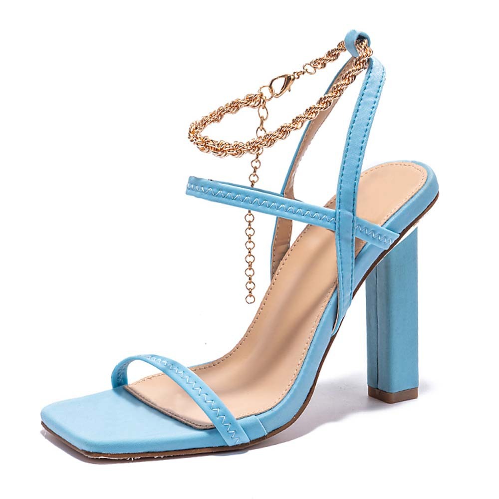 Women's High-heel Open-toe Sandals With Thin Strap Combination Square Heel Chain Decoration