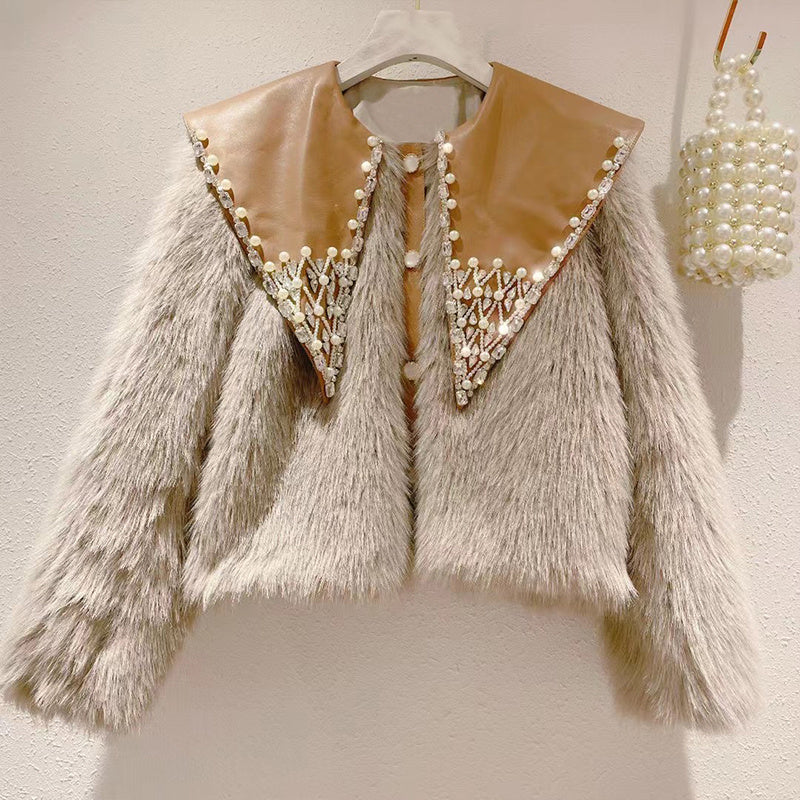 Women's Beaded Doll Collar Padded Warm Coat