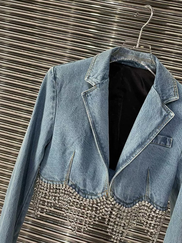 Women's Hem Fringe Diamond Chain Decoration Denim Jacket