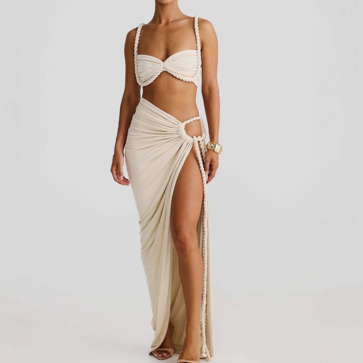 Sexy Fashion Beach Swimsuit Woven Halter Top Top Split Skirt Suit