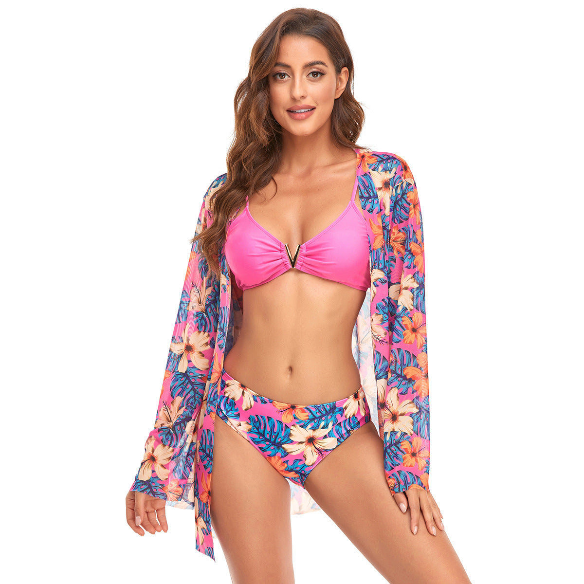 Three-Piece V Buckle Solid Color Printing Triangle Bikini