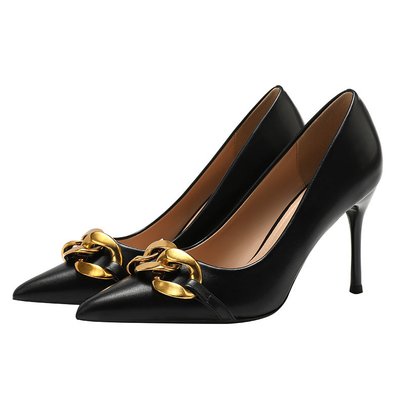 High Heels Women's Stiletto Metal Buckle Pointed Toe Shallow Mouth Banquet Ladies