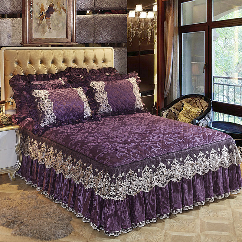 Korean Style Velvet Quilted Bed Skirt Solid Color European Style