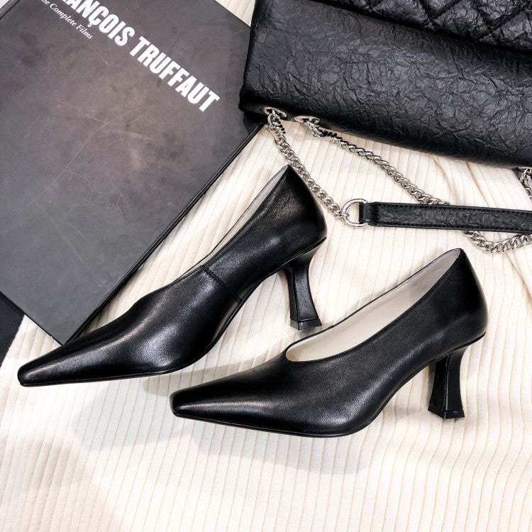 V Mouth Leather White Temperament Square Toe High Heels