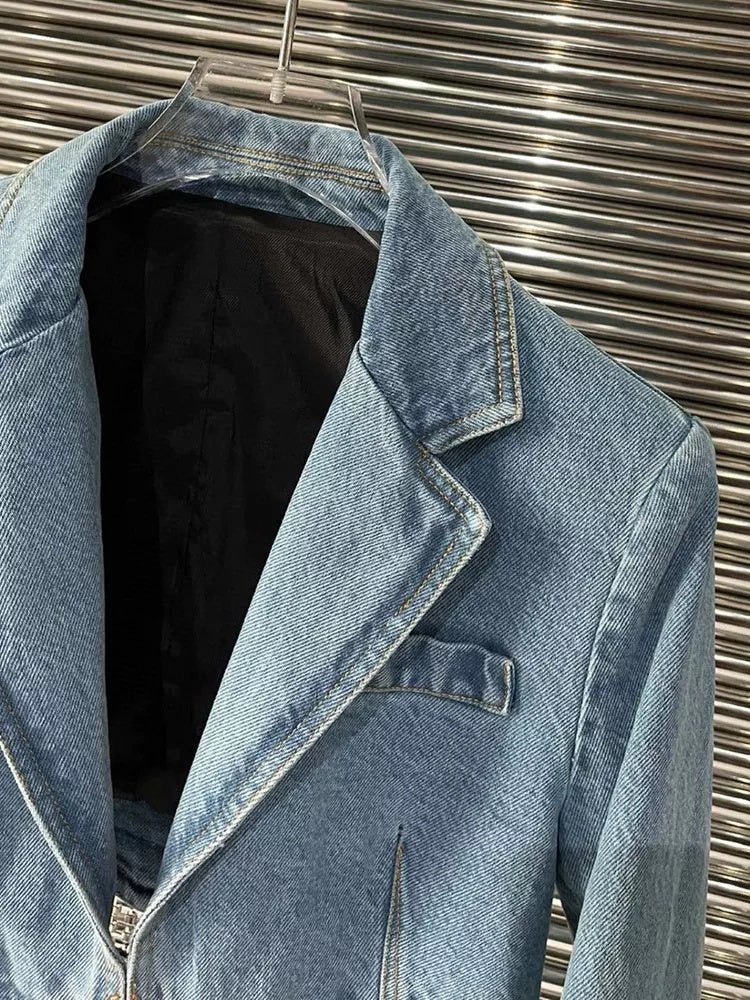 Women's Hem Fringe Diamond Chain Decoration Denim Jacket