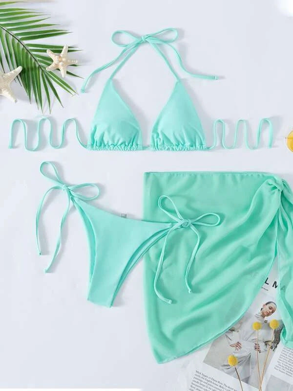 European And American Foreign Trade New Solid Color Triangle Cup Lace-up Bikini Three-piece Set
