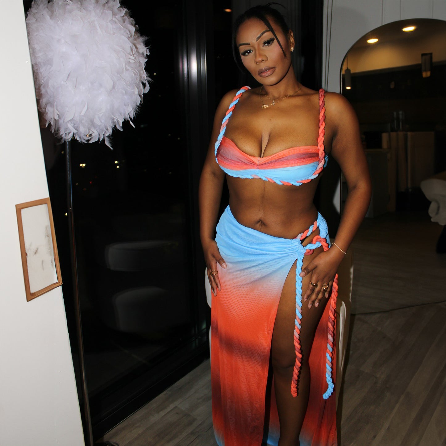 Sexy Fashion Beach Swimsuit Woven Halter Top Top Split Skirt Suit